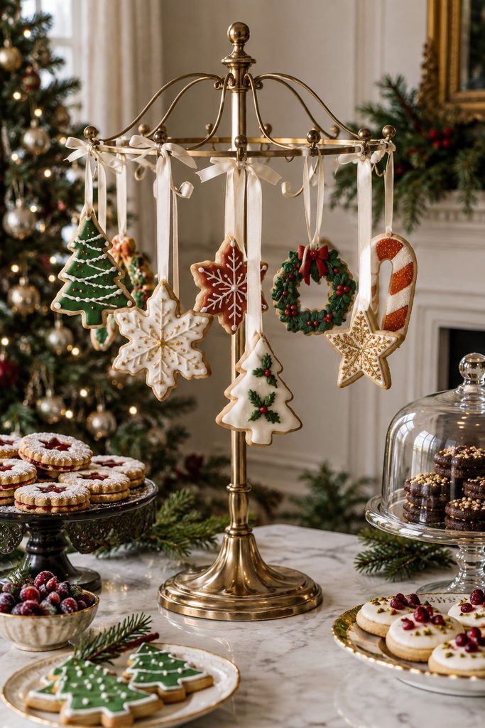 Iced cookies hung chandelier-style above a dessert table