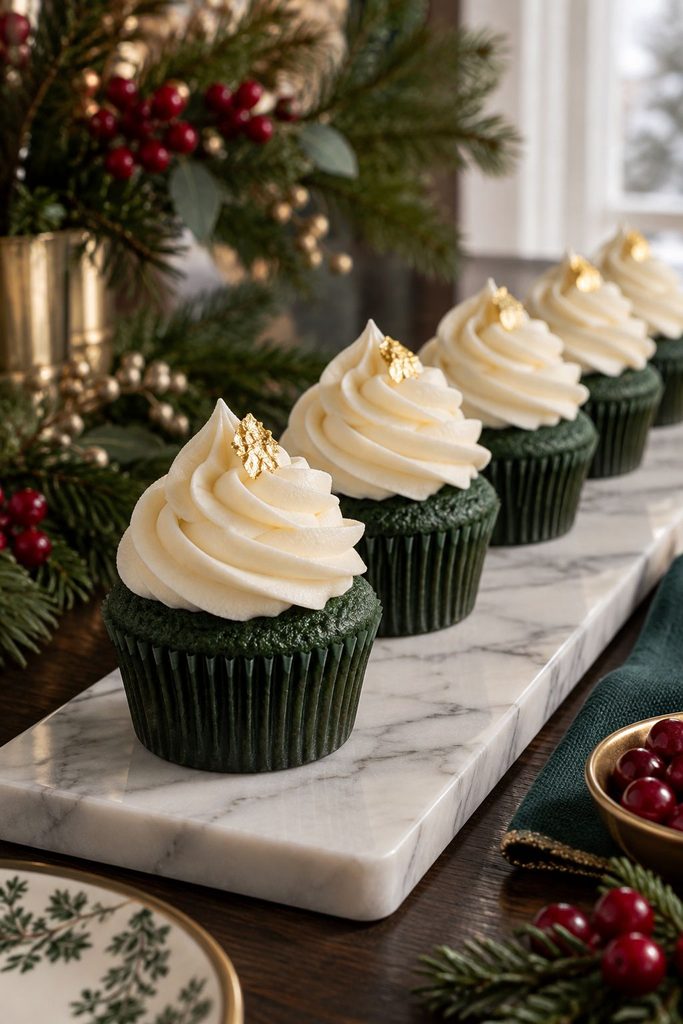 Emerald green velvet cupcakes topped with gold leaf