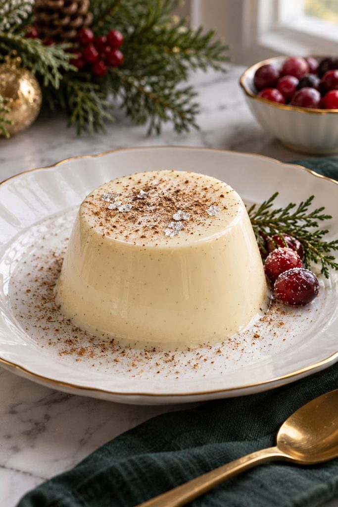 Eggnog panna cotta dusted with silver luster and nutmeg