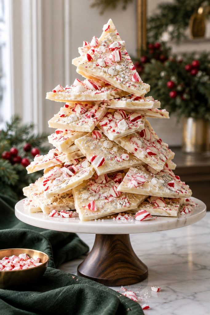 White chocolate peppermint bark stacked into a tower centerpiece