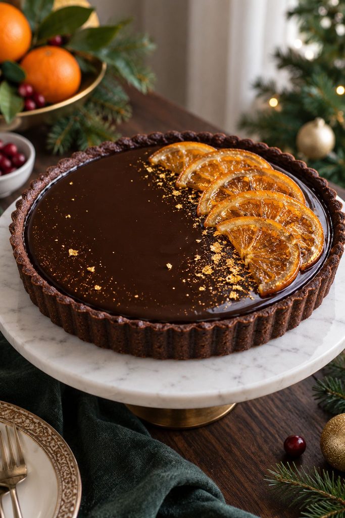 Chocolate orange ganache tart with candied orange and gold speckle