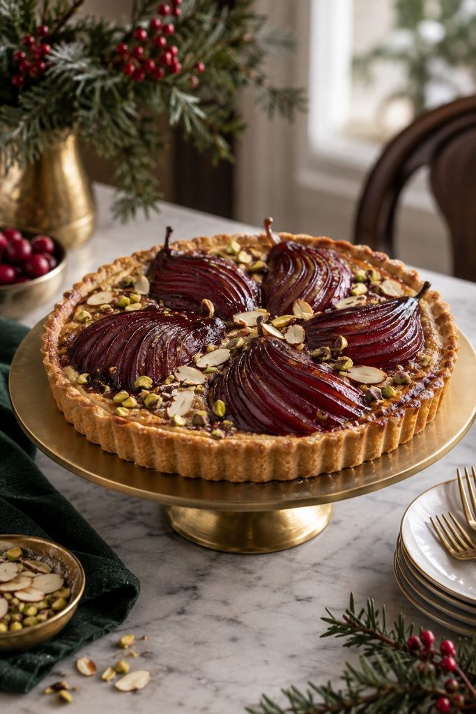 Mulled wine poached pear tart on a gold cake stand