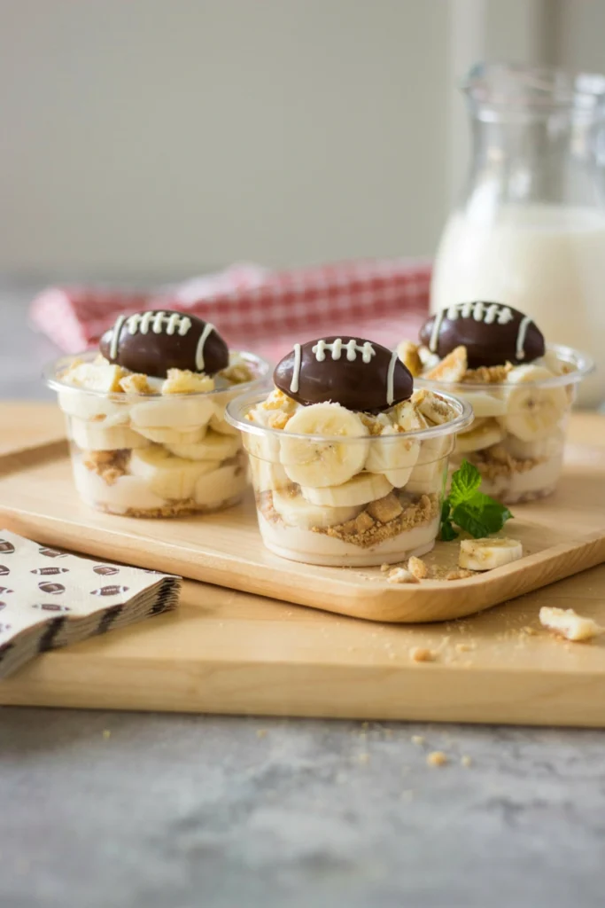 Football banana pudding parfaits with a chocolate football garnish
