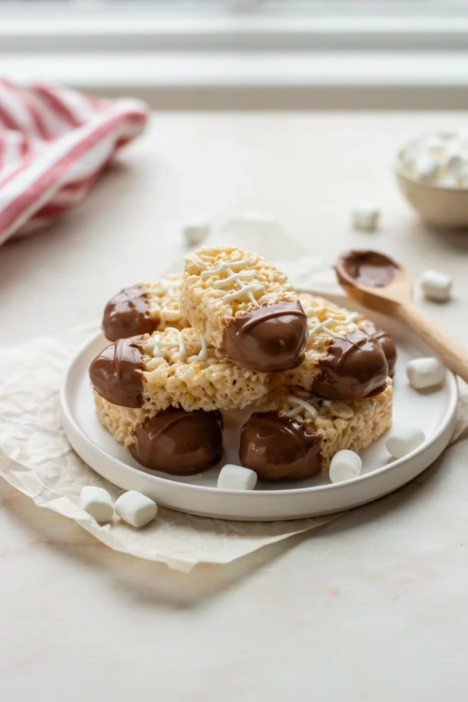 No-bake rice krispie football treats dipped in chocolate with icing laces