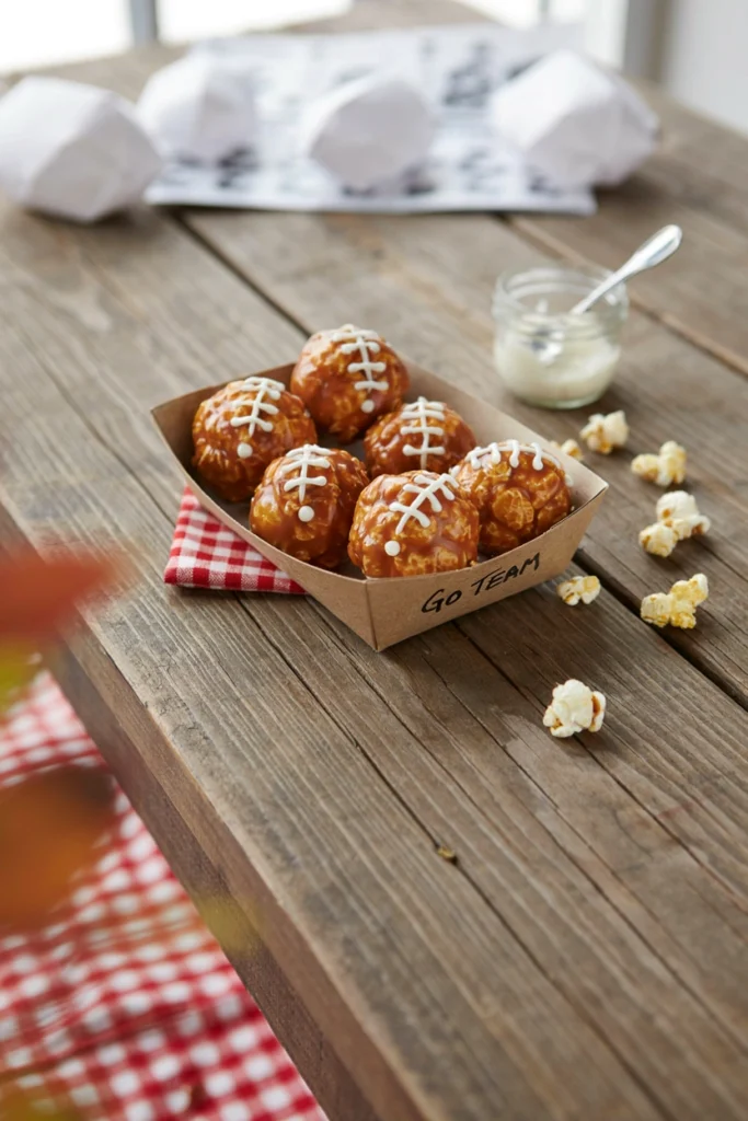 Football-shaped popcorn balls with white icing laces on a tray