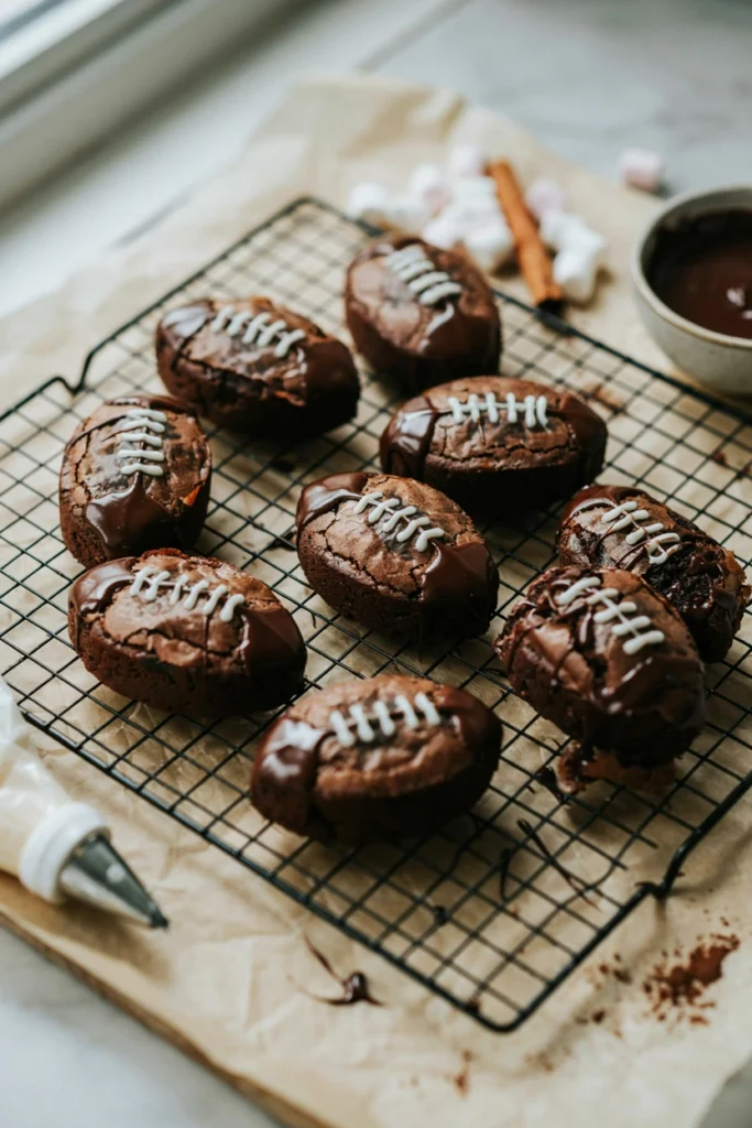 Fudgy football brownie bites with chocolate ganache and icing laces