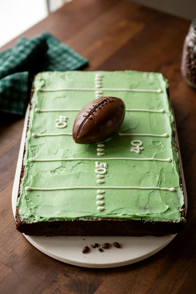 Football field sheet cake with green buttercream and a chocolate football topper