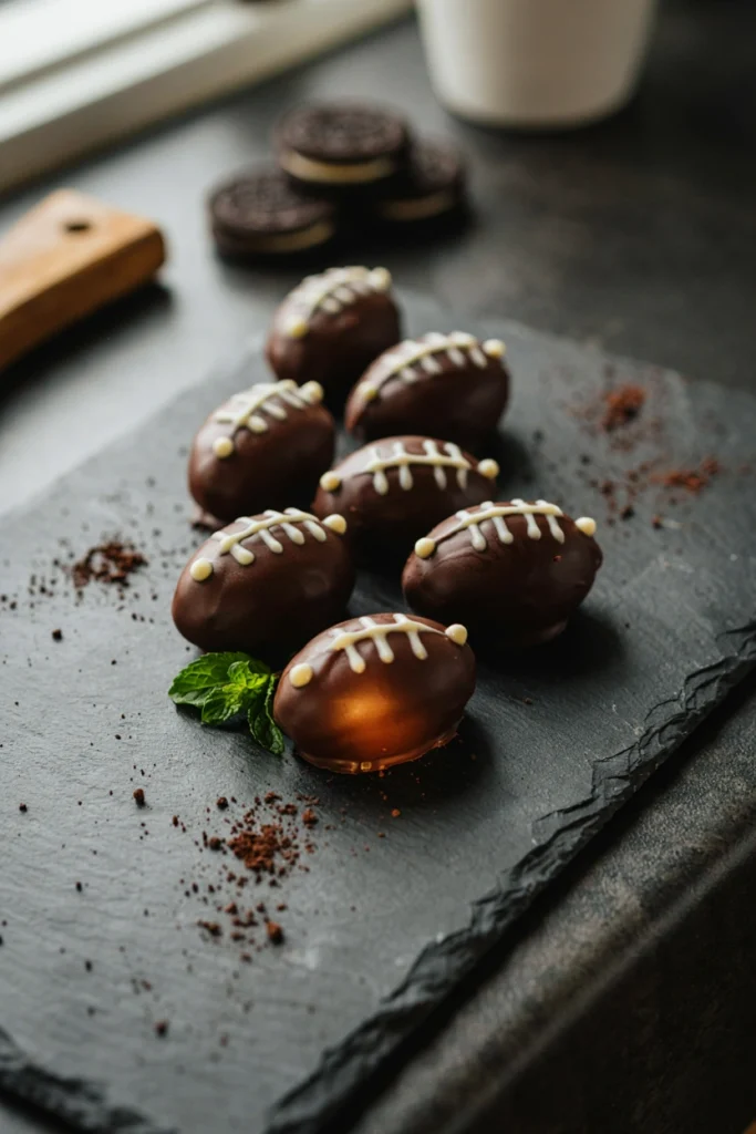 Chocolate-dipped football Oreo truffles with white icing laces on a slate board
