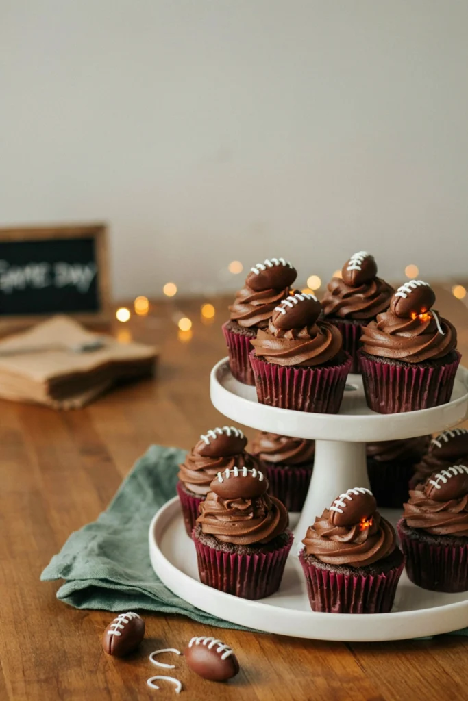 Chocolate football cupcakes topped with fondant footballs and icing laces