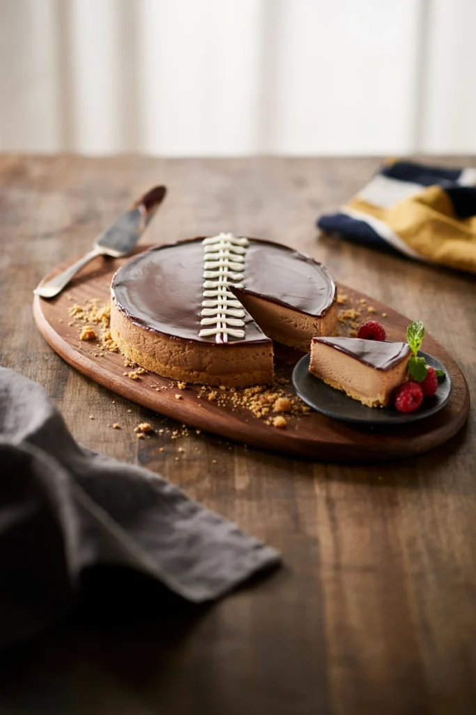 Football-shaped cheesecake with chocolate ganache and white icing laces