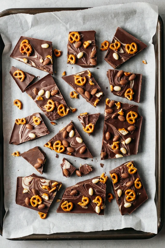 Football chocolate bark with pretzels and football-shaped sprinkles