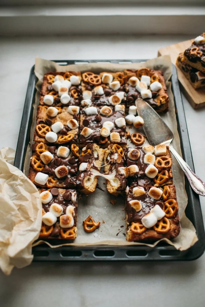Football snack mix bars with pretzels, marshmallows, and chocolate chips