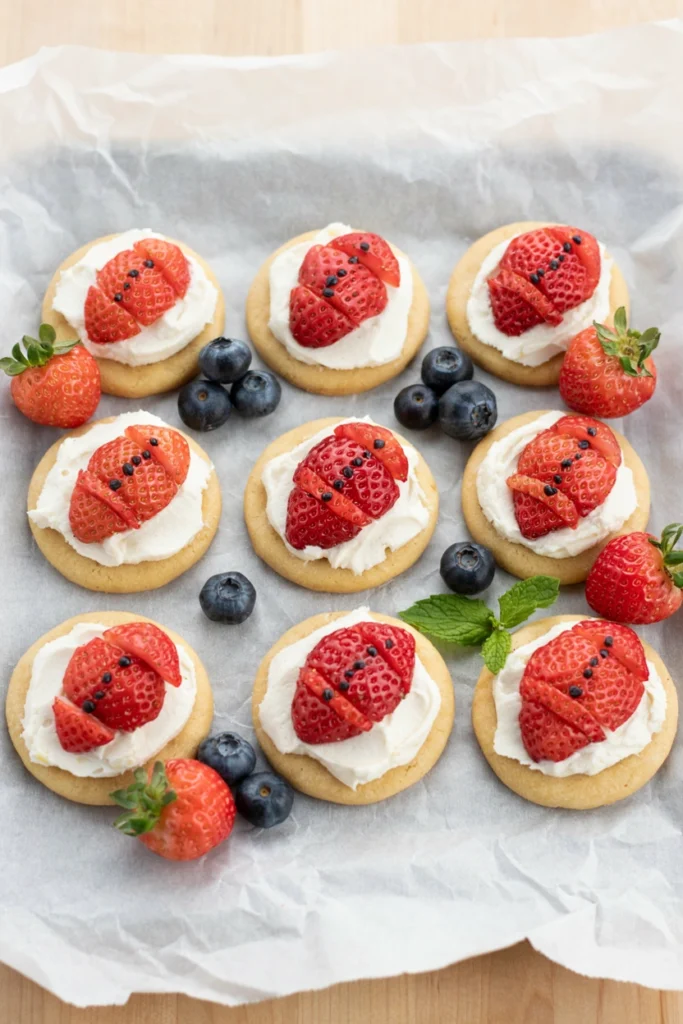 Football fruit pizza bites with strawberry and blueberry laces on sugar cookies