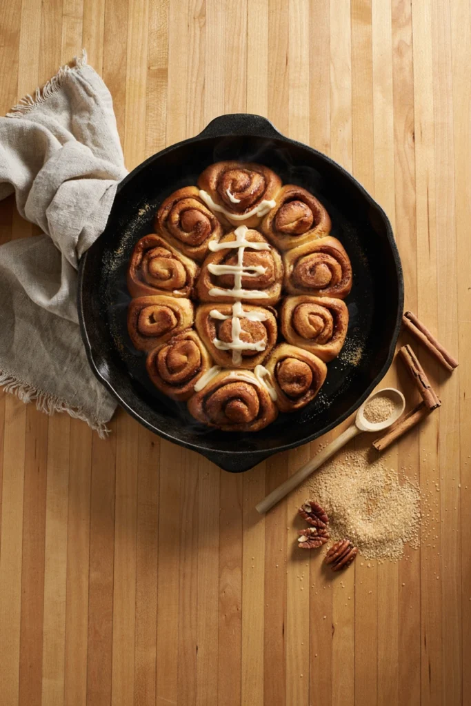 Football-shaped cinnamon roll bake in a cast-iron skillet with icing laces