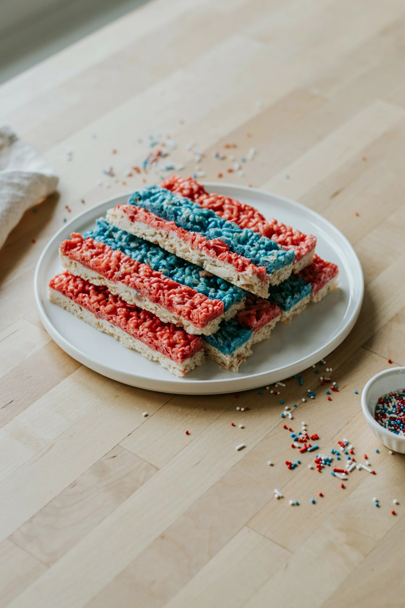 Overhead shot of stacked red, white, and blue rice krispie treat bars on a white platter with a few loose sprinkles scattered around, natural daylight, cheerful and casual