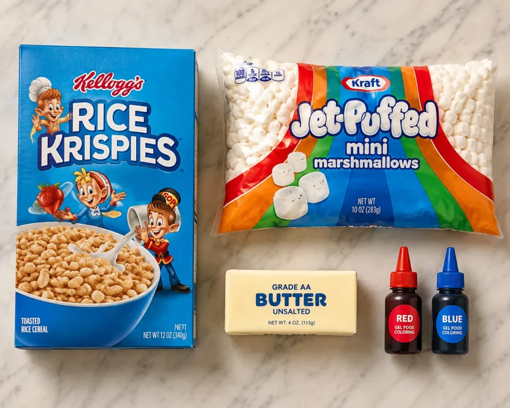 Ingredients for red white and blue rice krispie treats, including Rice Krispies cereal, mini marshmallows, butter, and red and blue gel food coloring