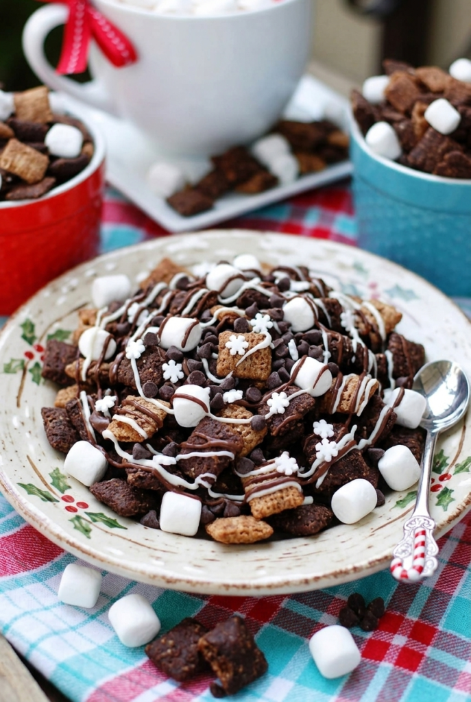Plate of hot chocolate snack mix clusters with marshmallows and sprinkles
