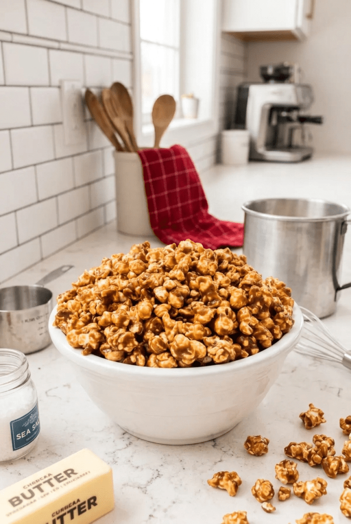 Wooden bowl of golden homemade caramel corn on a kitchen counter