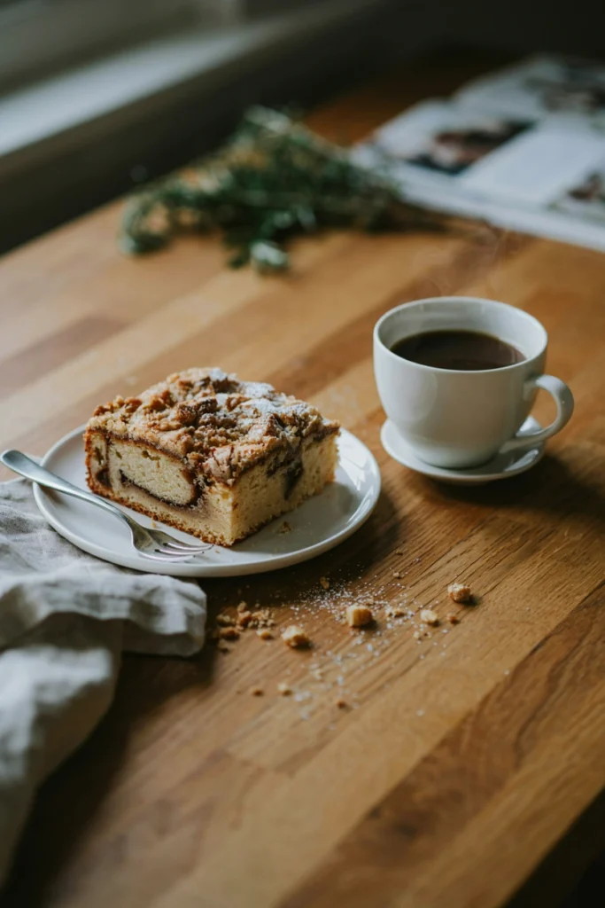 Square of cinnamon crumb cake on a plate dusted with powdered sugar next to a coffee cup