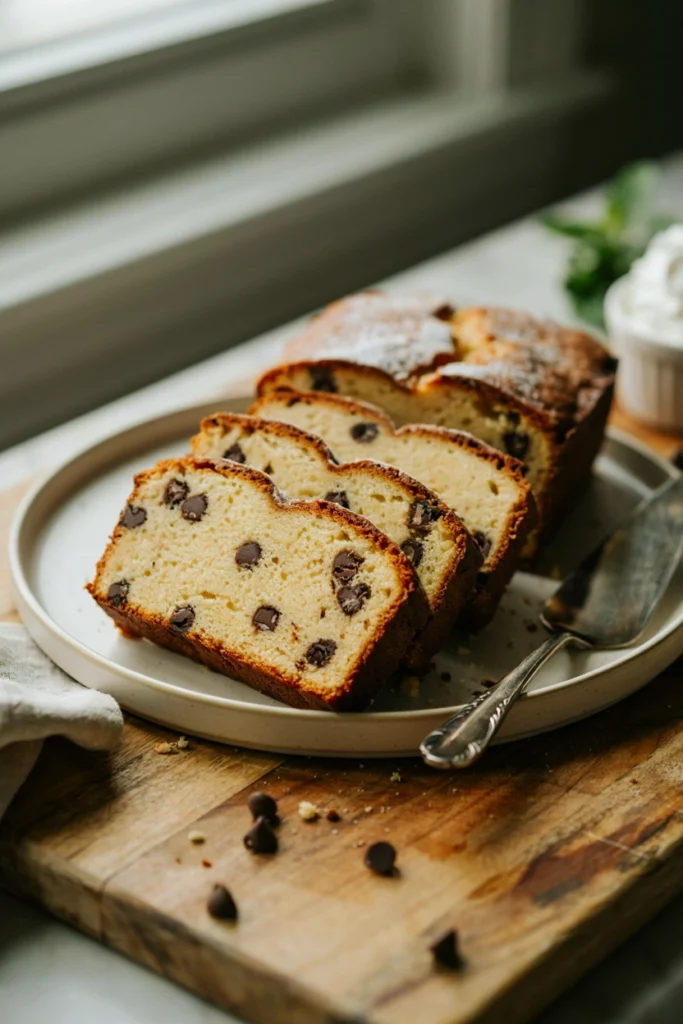 Sliced chocolate chip pound cake loaf on a platter showing a dense golden crumb