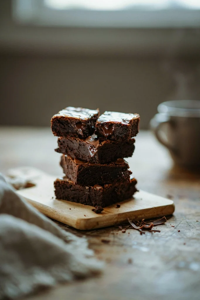 Stack of fudgy brownies with a crackly top, one broken in half showing a dense center
