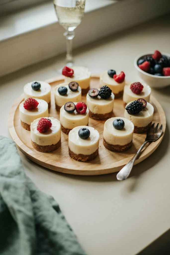 Small no-bake cheesecake bites on a tray topped with fresh berries