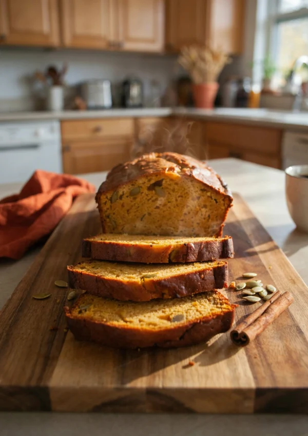 A sliced loaf of golden pumpkin bread on a wooden cutting board, steam rising, with a few pumpkin seeds and a cinnamon stick scattered nearby. Warm, cozy fall lighting.