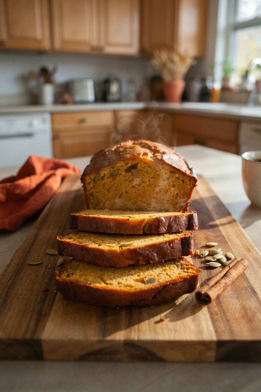 A sliced loaf of golden pumpkin bread on a wooden cutting board, steam rising, with a few pumpkin seeds and a cinnamon stick scattered nearby. Warm, cozy fall lighting.