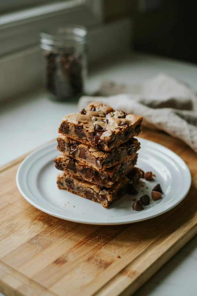 Thick chocolate chip cookie bars sliced into squares with gooey edges