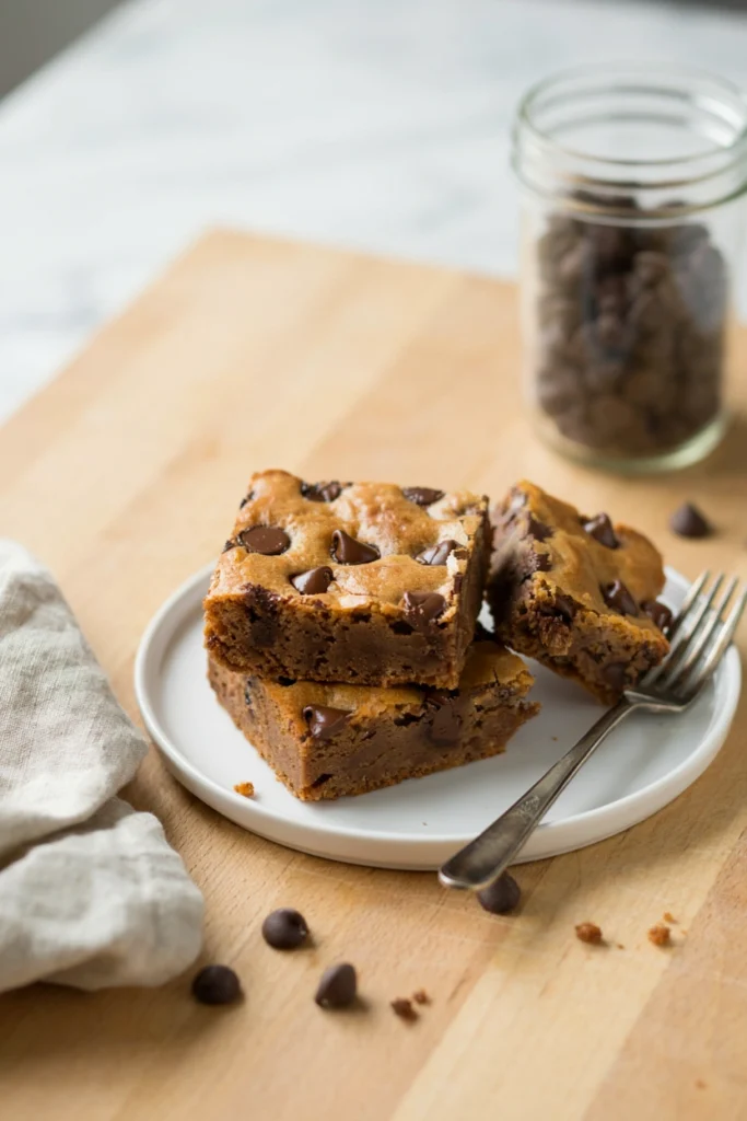 Tray of thick blondies studded with chocolate chips stacked on a plate