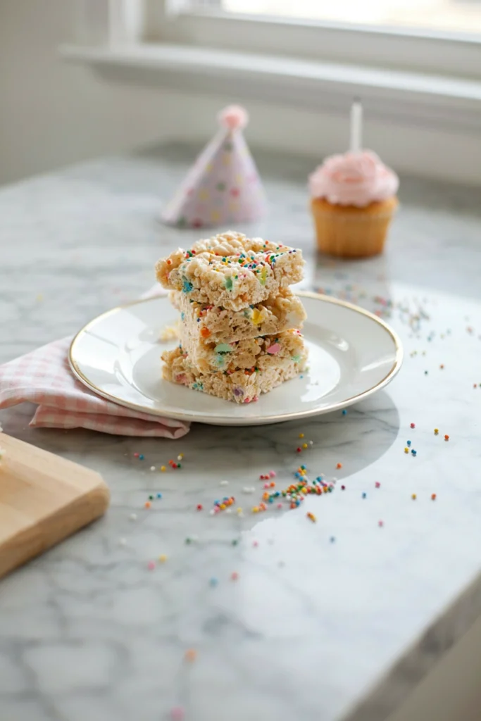Colorful confetti rice krispie bars stacked on a plate with sprinkles