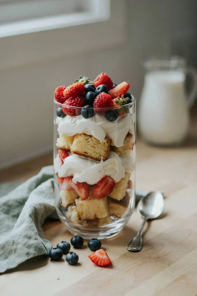 Glass trifle bowl with layers of pound cake, strawberries, and whipped cream
