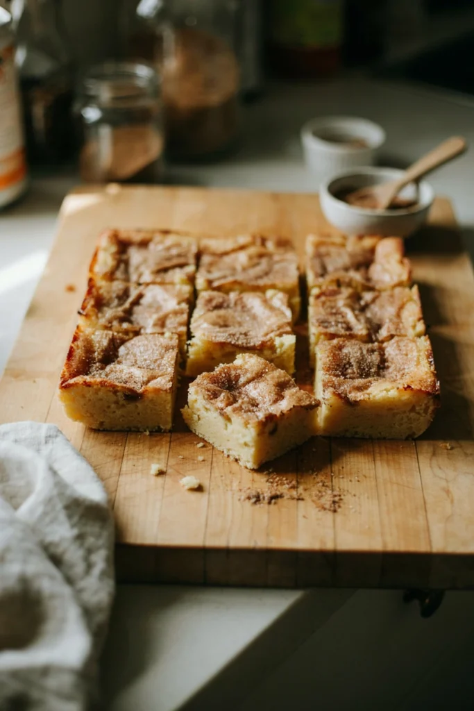 Tray of pale golden snickerdoodle blondies with a cinnamon sugar crackled top