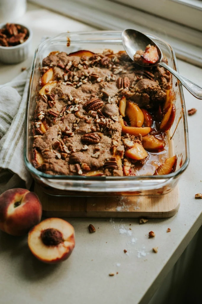 Bubbling peach dump cake in a baking dish with a golden crumble topping and pecans
