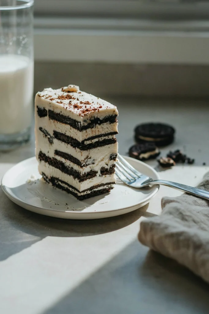 Tall slice of layered no-bake Oreo icebox cake dusted with cocoa