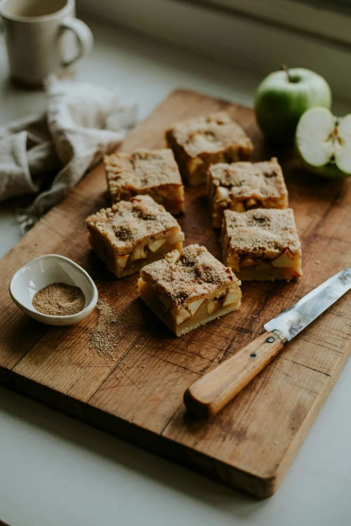 Cinnamon sugar apple bars showing diced apple in the cut cross-section