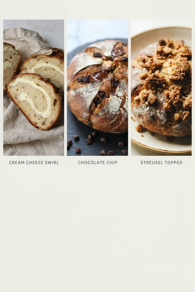 Three small side-by-side photos showing the cream cheese swirl, chocolate chip, and streusel-topped versions of the bread.