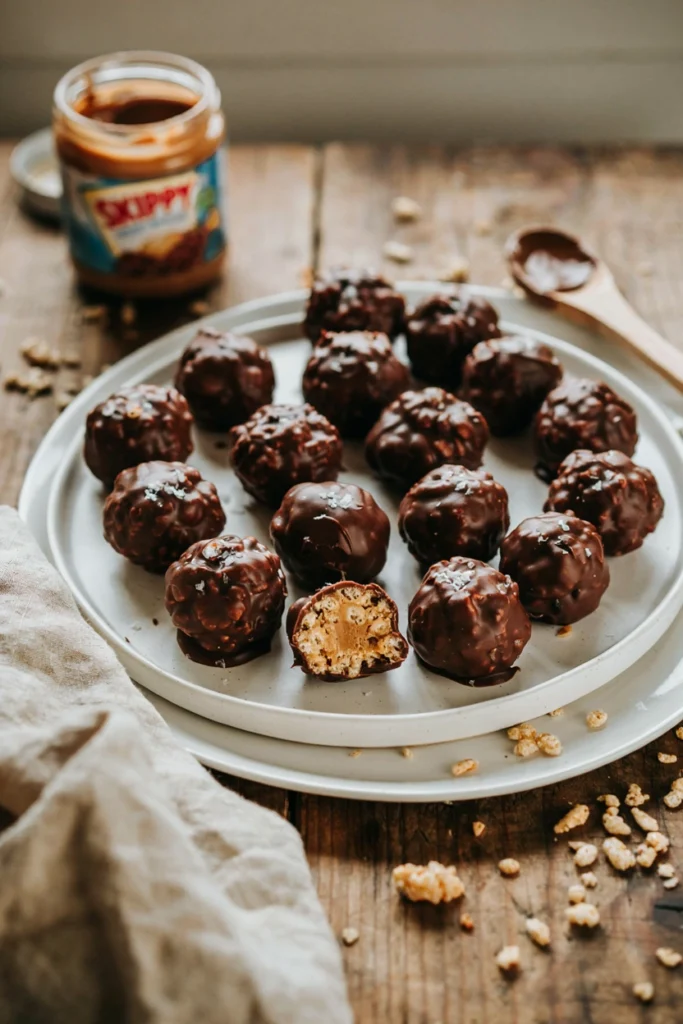 Platter of round peanut butter rice krispie balls dipped in chocolate