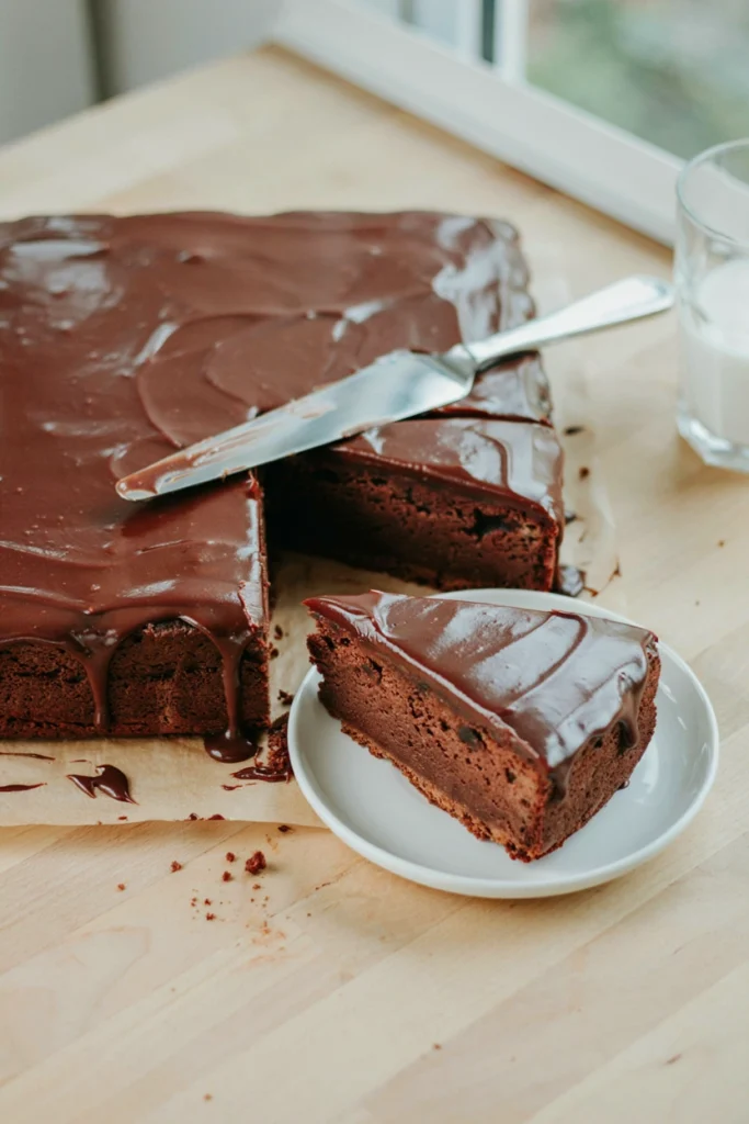 Full Texas sheet cake with glossy chocolate icing and a corner slice cut showing a fudgy crumb