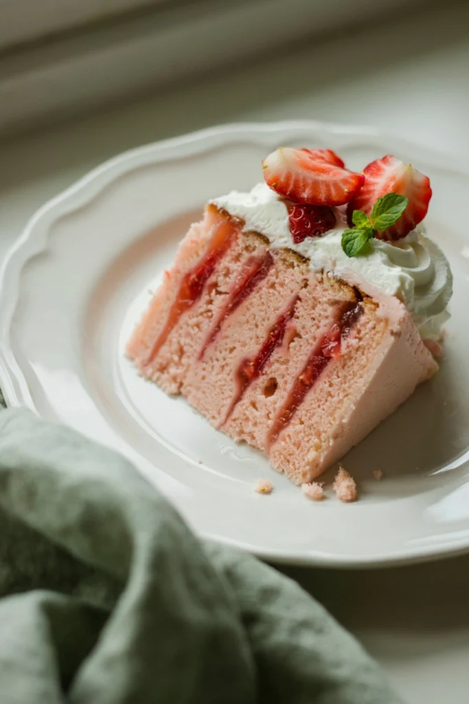 Slice of pink-marbled strawberry poke cake with whipped topping and fresh strawberries