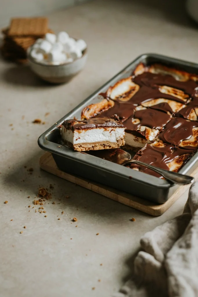Layered no-bake s'mores bars with graham crust, marshmallow, and chocolate top