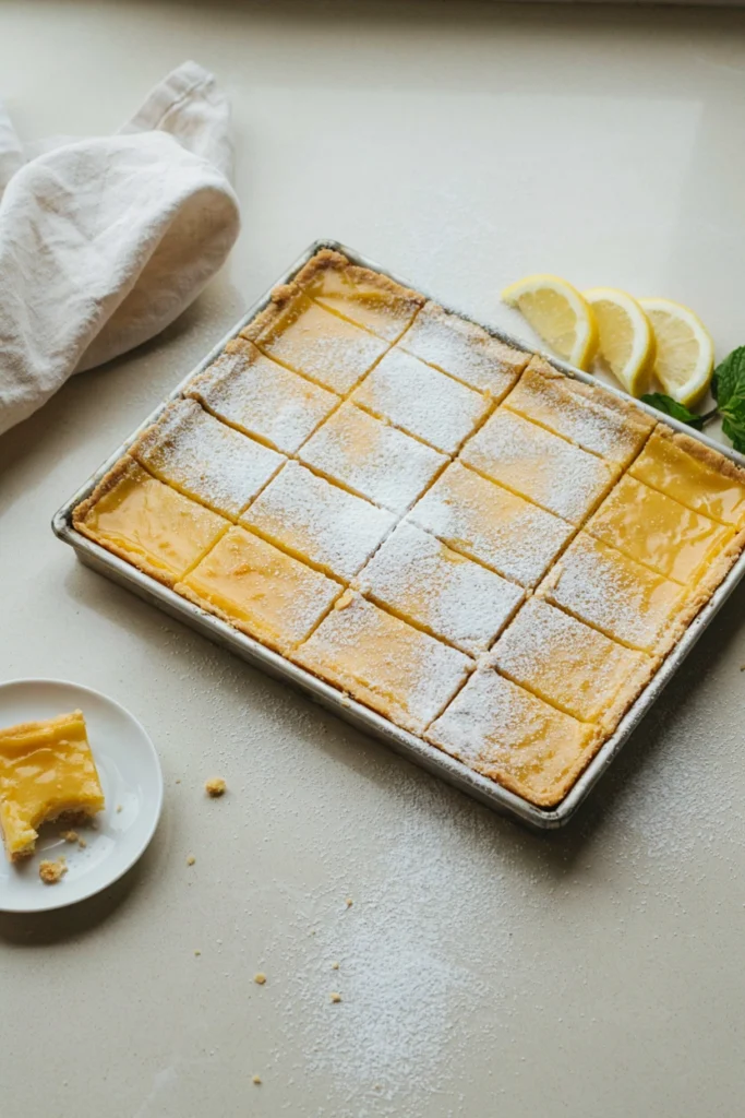 Tray of bright yellow lemon bars dusted with powdered sugar next to lemon slices
