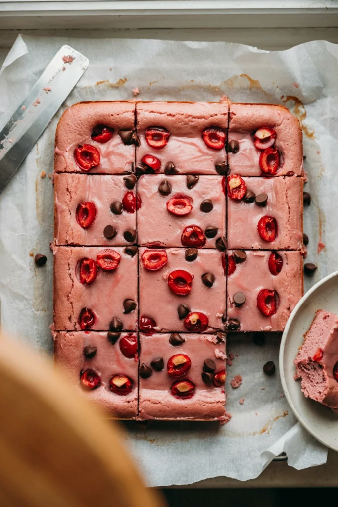 Pink-tinted cherry chocolate chip sheet cake bars cut into squares