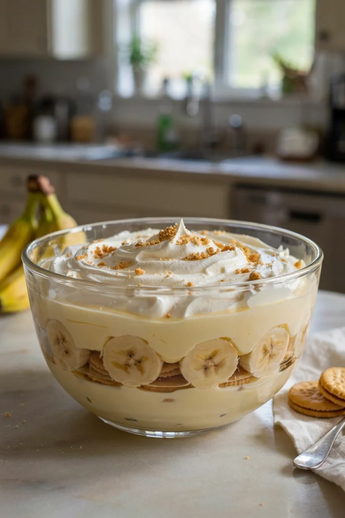 Large trifle-style dish of banana pudding with vanilla wafers and whipped topping