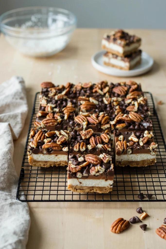 Thick seven-layer magic bars with graham crust, coconut, chocolate chips, and pecans