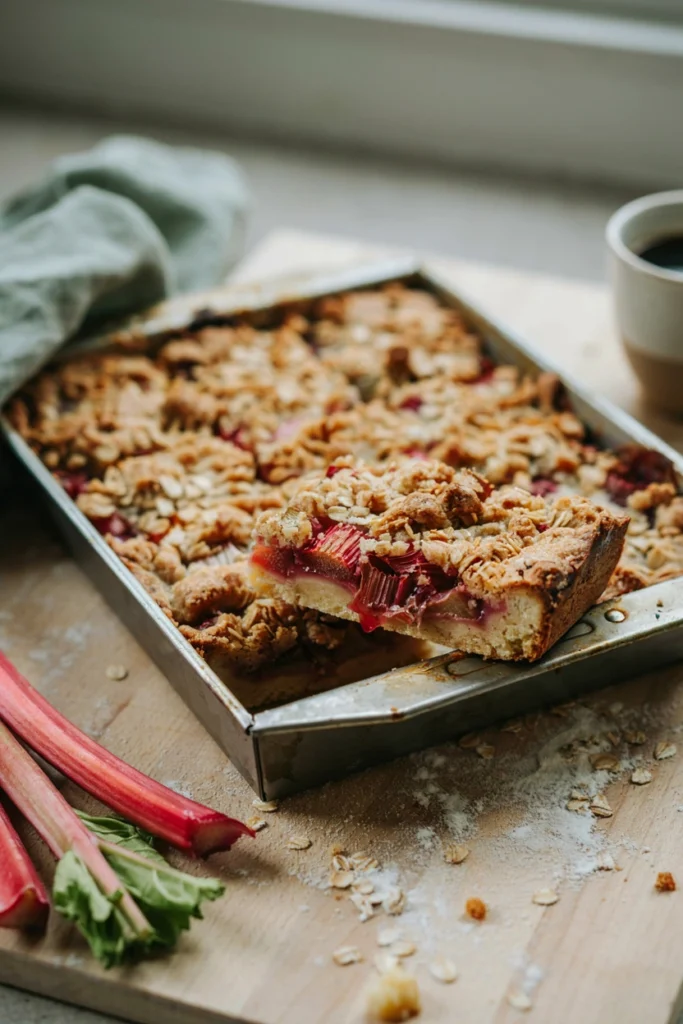 Tart rhubarb crumble bars with an oat streusel top, one bar cut open