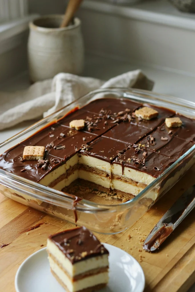 Rectangular no-bake chocolate eclair cake sliced into squares with a glossy chocolate glaze