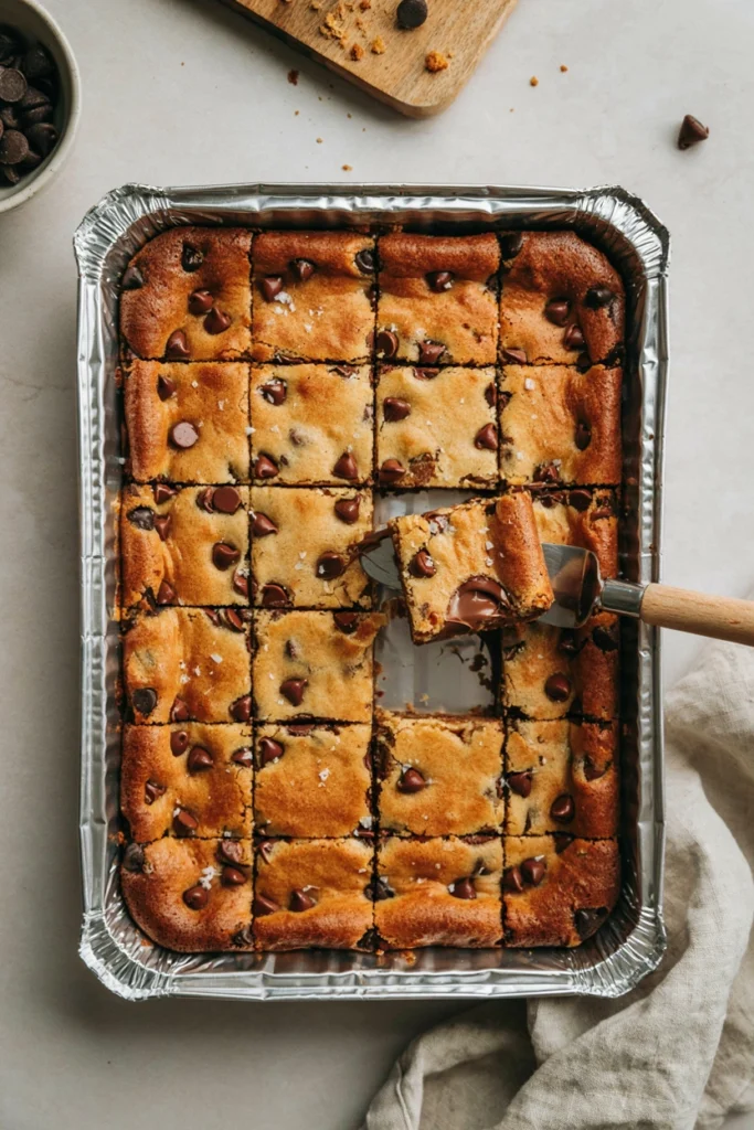 Overhead shot of golden cake mix cookie bars cut into squares in a foil pan
