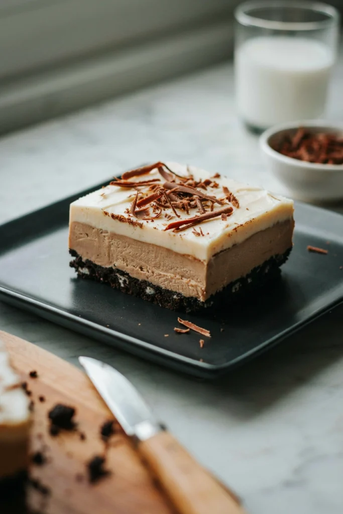 Square of layered no-bake chocolate lasagna with Oreo crust and chocolate shavings