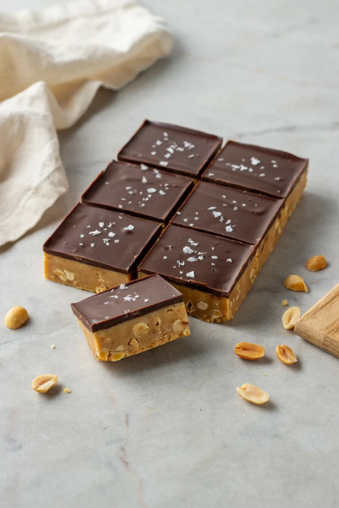 Neatly cut no-bake peanut butter bars with a smooth chocolate top